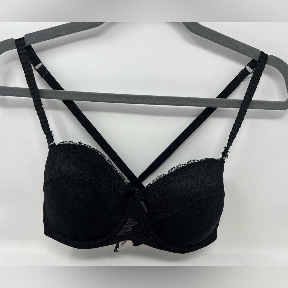 Adore Me Black Lace Polka Dot Bow Adjustable Straps Bra 36C